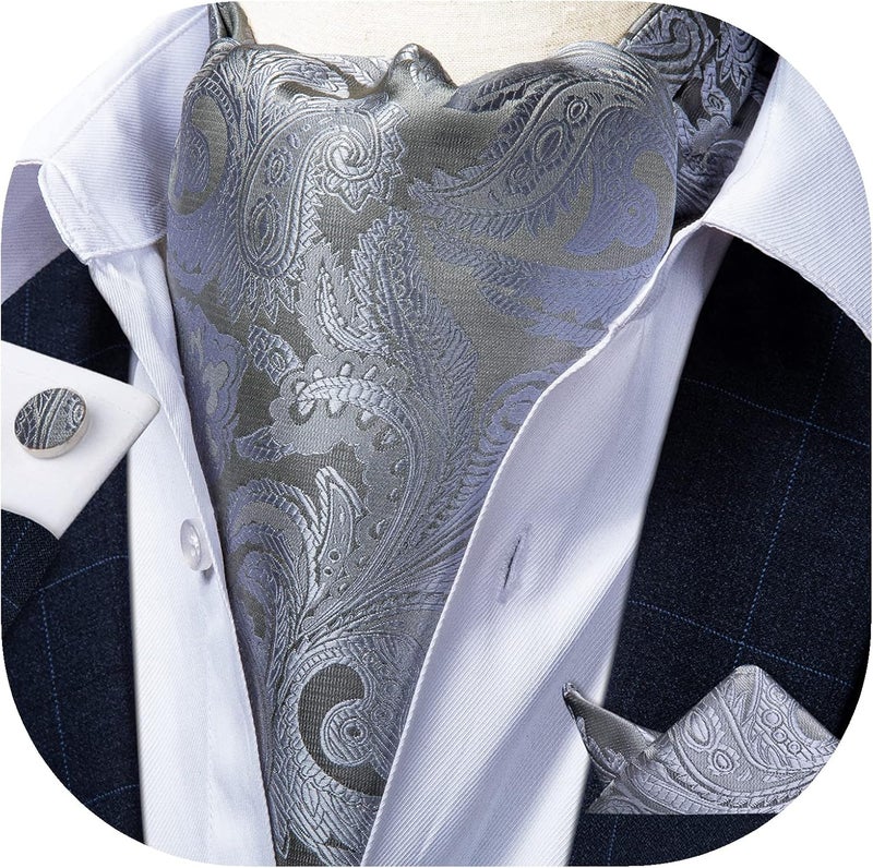 DiBanGu 3PCS Ascot Ties for Men Wedding Jacquard Woven Silk Ascot Cravat for Men Cravat Tie and Pocket Square Set - Image 2